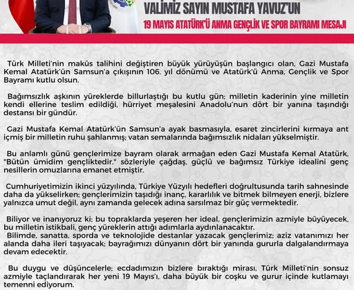 KARABÜK VALİSİ MUSTAFA YAVUZ’UN 19 MAYIS KUTLAMA MESAJI