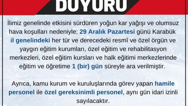 Yarın Okullar İl Genelinde 1 Gün Süreyle Tatil Edilmiştir…