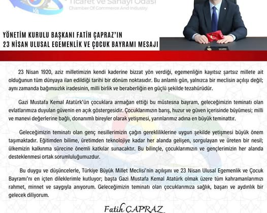 Fatih Çapraz’dan 23 Nisan Ulusal Egemenlik ve Çocuk Bayramı Mesajı