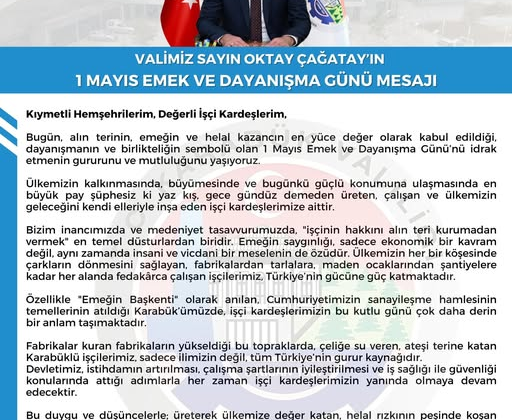 VALİMİZ OKTAY ÇAĞATAYDAN 1 MAYIS MESAJI
