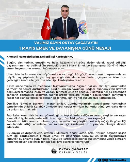 VALİMİZ OKTAY ÇAĞATAYDAN 1 MAYIS MESAJI